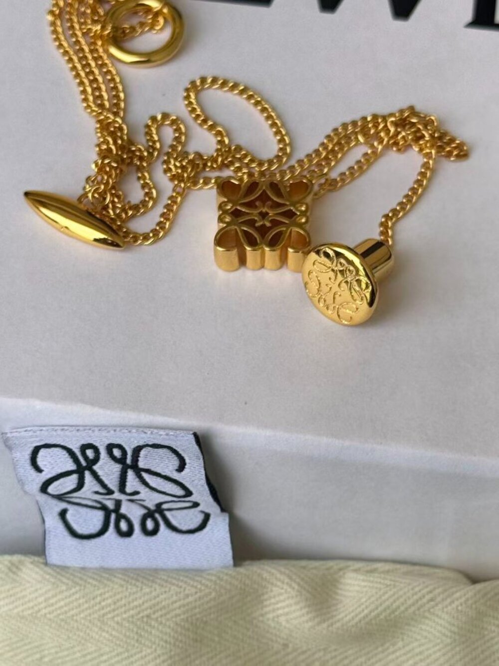 LOEWE Gold Tone Anagram Pendant Necklace Chain Minimalist Luxury - Picture 8 of 9